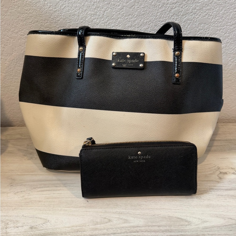 Kate Spade Black and Cream Striped Tote with Black Zip Wallet